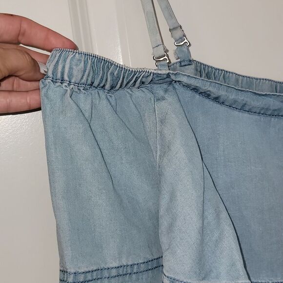 Free People Light Blue Chambray  Denim Crop Tank Off Shoulder Ruffle Top Small - Picture 8 of 16